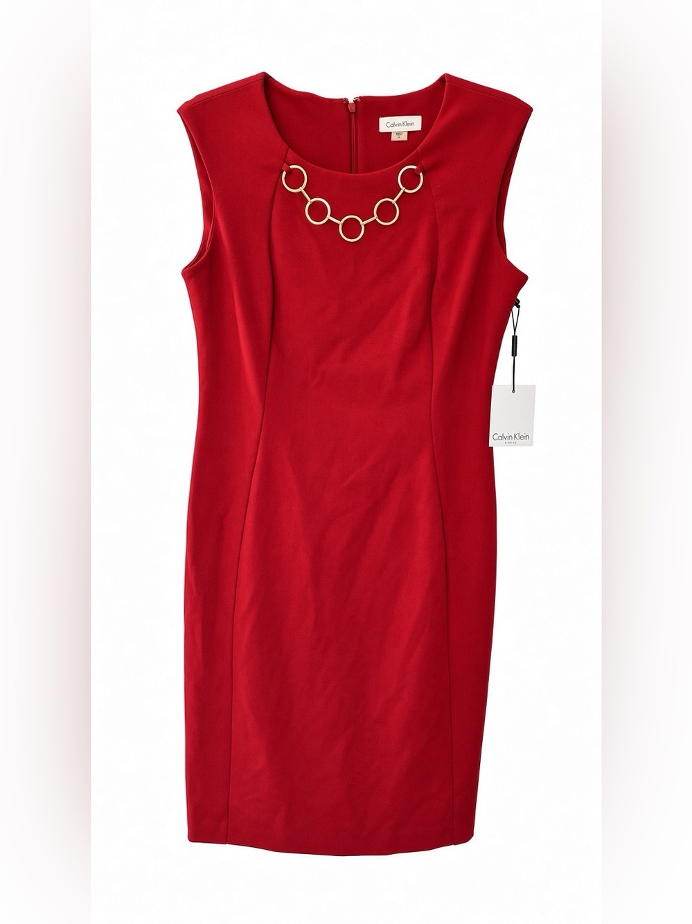 Calvin Klein Red Sheath Dress with Gold Ring Neckline